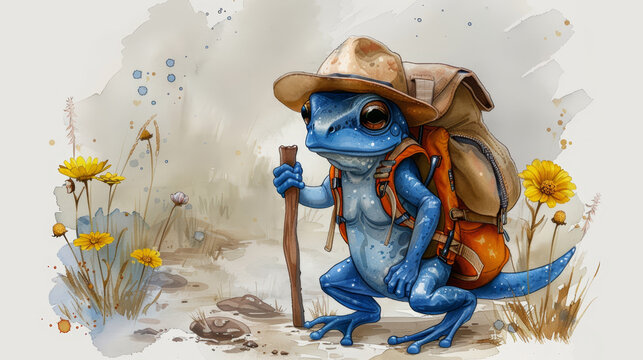   A painting of a blue frog donning a hat and carrying a backpack, along with a holding stick