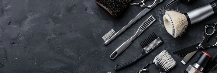 Shaving, Razor, brush, Comb, scissor, clippers and hair trimmer. Accessories for Barber shop equipment on black background Top view copyspace 