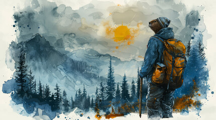  Man with backpack, skis gazes at sun over mountain range - obrazy, fototapety, plakaty