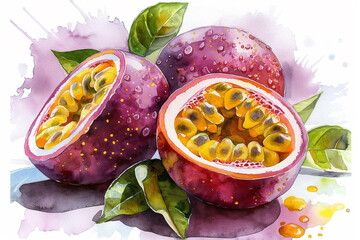 cut passion fruit on a white background watercolor drawing