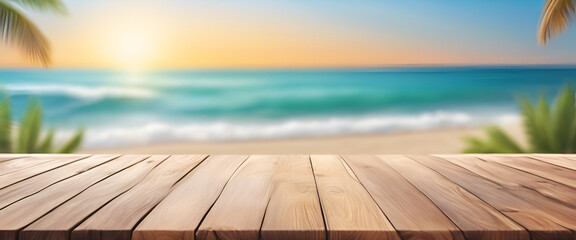  Wooden table top with blurred beach and sea background, summer vacation concept banner template....