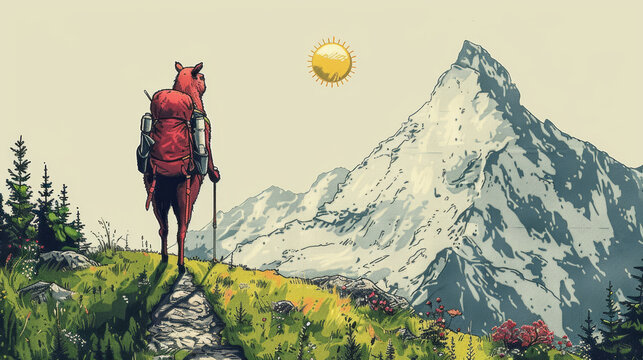   A man, silhouetted against a sun-kissed mountain backdrop, stands on a winding trail with a packed backpack Sun's golden rays illuminate the scene