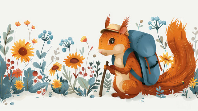   A squirrel, carrying a backpack, amidst a field filled with wildflowers and sunflowers