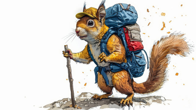  A watercolor painting of a squirrel carrying a backpack and holding a stick on its back