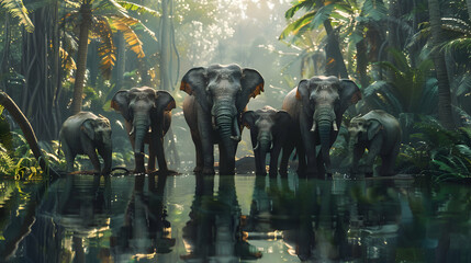 A family of elephants gathered around a watering hole, their reflections shimmering in the crystal-clear water against a backdrop of dense jungle