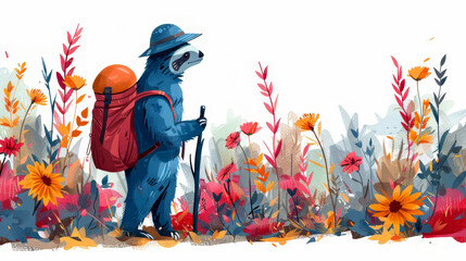   A blue bear with a red backpack stands in a field of flowers, wearing the pack on its back
