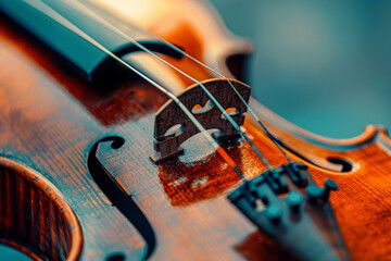 A close up of a violin with a wooden bridge