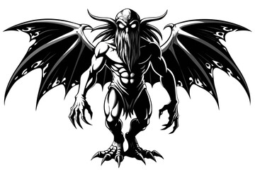 A black and white humanlike cthulhu (which is a fiction character based on the book "call of cthulhu" written by lovecraft), full body and with large wings