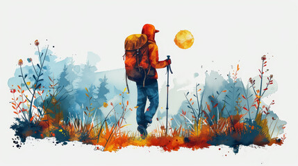  Hiker with backpack and trek poles traverses a field of towering grass - obrazy, fototapety, plakaty