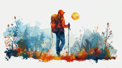 Fotobehang  Hiker with backpack and trek poles traverses a field of towering grass © Nadia