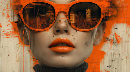 Woman with orange lipstick and orange sunglasses with city view on them on orange background. Digital collage. Surrealistic and realistic photo. Selective focus 