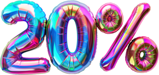 20% balloon numbers, concept of sale celebration and product promotion, element on transparent background