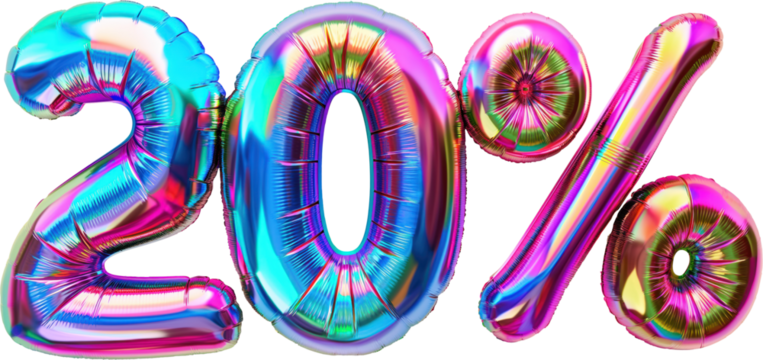 20% balloon numbers, concept of sale celebration and product promotion, element on transparent background