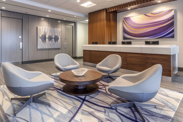 A modern office lobby with a large painting on the wall