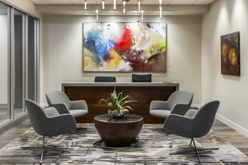 A modern office with a large painting on the wall