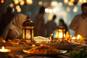 A table with many plates of food and a lantern on it