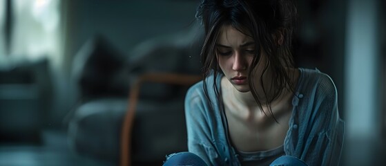 Woman with PTSD feeling isolated in dimly lit room. Concept Mental Health, Isolation, PTSD, Coping Strategies, Support Systems - obrazy, fototapety, plakaty