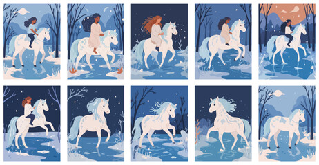 Flat Design Bundle. Woman and White Horse Poses in the River.