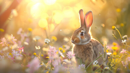 A fluffy rabbit nestled among wildflowers, with soft sunlight filtering through the trees, offering...