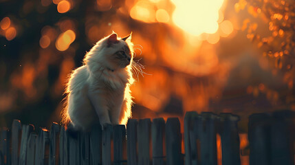 A fluffy white cat perched atop a wooden fence, silhouetted against the golden hues of a setting sun