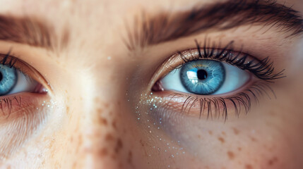 Make-up, cosmetics, Beauty. Close-up, macro. A blue-eyed girl. Beautiful female eyes with long eyelashes close-up. Natural eyelashes. Close-up of a girl with freckles - obrazy, fototapety, plakaty