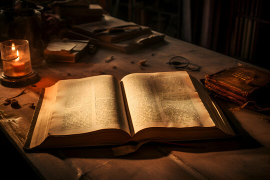 Old holy bible on a wooden table in a dark room. Selective focus.