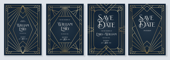 Art deco invitation wedding luxury VIP invite card design, Save the date card, retro pattern for vintage party invitation gold Thank you card. classic antique vector illustration