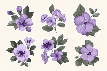 collection of purple flowers on white background