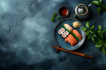 Top view of Japanese sushi set on black concrete background