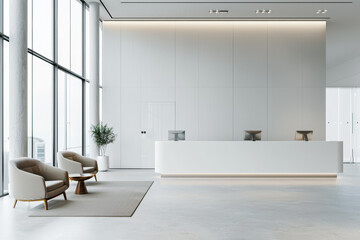 A large, empty room with white walls and a white desk