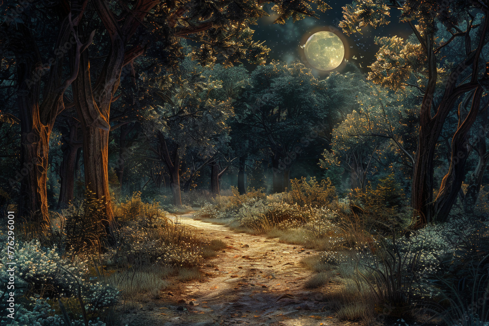 Poster a moonlit forest path with a large moon in the sky