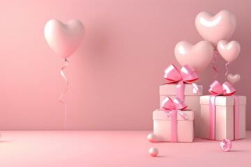 Valentine's Day background with gift boxes, hearts and balloons. 3D Render