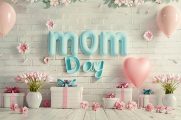 Mother's Day background with gift box, balloons, mom text, hearts.
