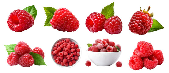 Raspberry raspberries, many angles and view side top front sliced halved group cut isolated on...