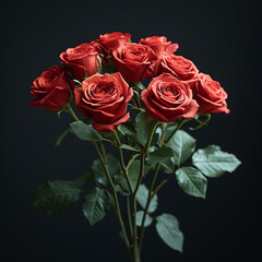 Bouquet of red roses on black background, generative ai