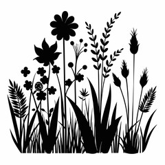 Black silhouettes of grass, flowers and herbs isolated a line drawing