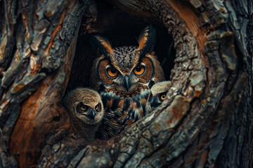 Obraz premium A mother owl is looking at her two babies in a tree