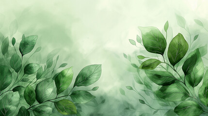 Watercolor drawing sophisticated leaf design on soft green background with ample copy space, backdrop for spring promotions