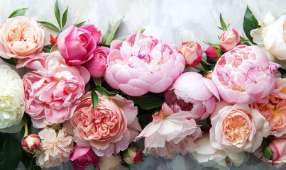 Beautiful bouquet of pink and white peonies .Flat lay, top view. Beautiful pink flowers.