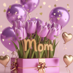 3D Mother's day poster. Copy space Glitter bokeh Purple gift box filled with tulips and heart balloons behind golden mom text on pink background