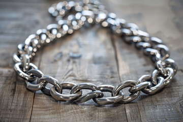 A silver chain with a silver clasp is laying on a wooden surface
