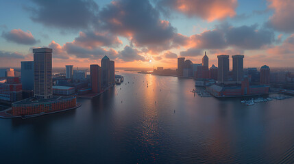 Naklejka premium Sunset Over Urban Waterfront