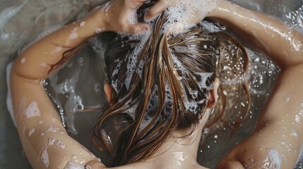 woman seen from behind, washing her hair generative ai