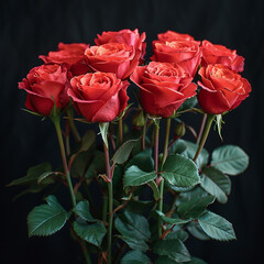 Obraz premium Bouquet of red roses on black background, generative ai