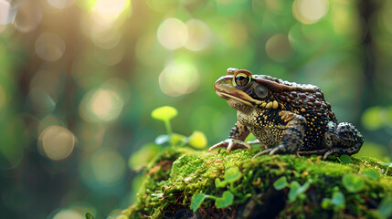 A focused toad perched on a moss-covered rock in a lush forest, with copy space and a gently blurred background