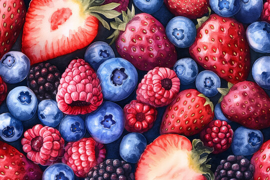 set of berries strawberries, blueberries, blackberries, raspberries Watercolor illustration