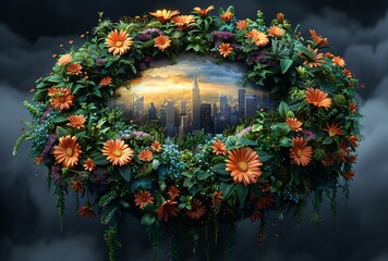A lush floral wreath encircles a dramatic city skyline at sunset under stormy skies