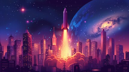 Rocket Launch for startup business creative city modern banner