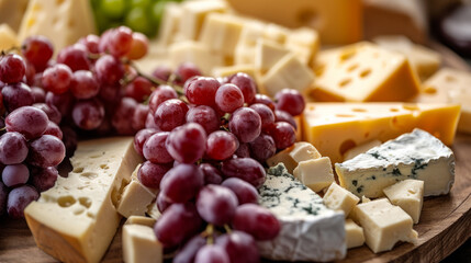 Platter of grapes and various types of cheese background