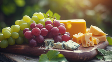 Platter of grapes and various types of cheese
